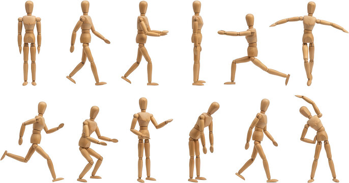 A collection of wooden artist mannequins positioned in various dynamic and static poses demonstrating movement and gestures for study wooden mannequin artist dummy figure