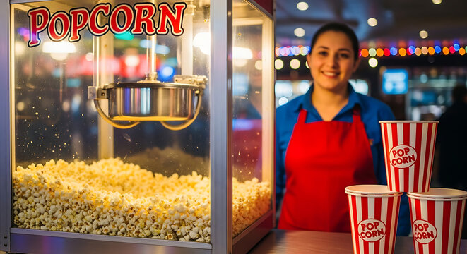 Happy young woman selling popcorn from a concession stand at a cinema or event venue