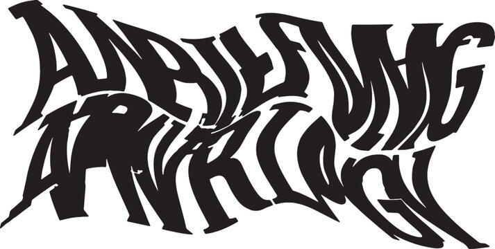 Black stylized graffiti letters arranged in two wavy lines on