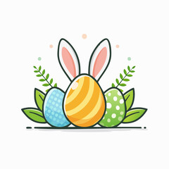 Obraz premium Whimsical Easter Eggs with Bunny Ears and Green Leaves, a Cheerful Spring Holiday Celebration Illustration Perfect for Festive Decorations and Greetings