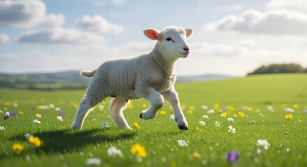 Fototapeta premium Cute White Lamb Running Through Green Spring Meadow with Wildflowers