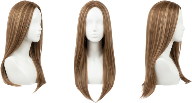 Three views of a long straight brown and blonde highlighted wig displayed on a white mannequin bust showcasing front side and profile angles hair long hair brown hair blonde highlights