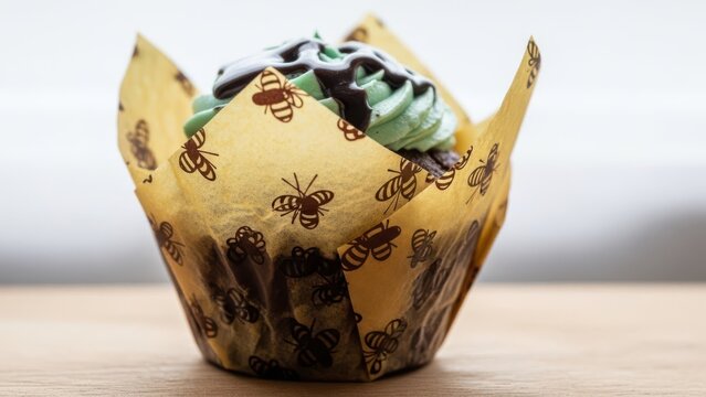 A chocolate cupcake in a bee patterned wrapper on a wooden table with a white background