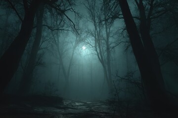 Naklejka premium Eerie Forest at Night with Misty Glow and Bare Trees