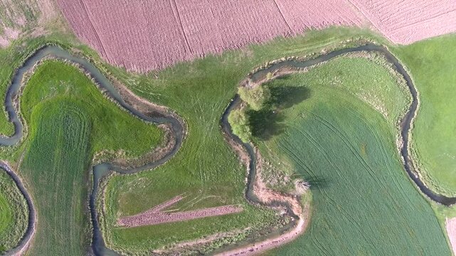 Aerial view of meandering river stream winding through green and brown farmland fields. Overhead footage shows sinuous creek channel curving across patchwork cropland on treeless floodplain.
