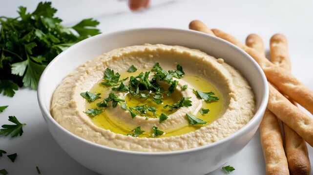 Close-Up of Hummus in a Bowl Being Garnished With Fresh Parsley and Olive Oil, Served With Breadsticks