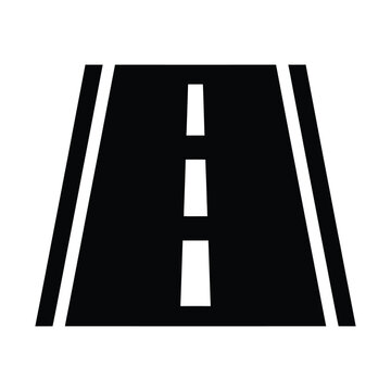 Minimalist road icon vector, black asphalt highway symbol with dashed white line, perspective view of a straight street for navigation and logistics, simple roadway graphic