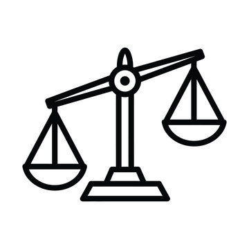 Minimalist scales of justice icon vector, black line art law balance symbol, judicial system and legal weight scale illustration, professional court and equality concept graphic