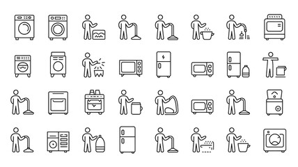 Obraz premium Set of outline icons how to use electrical appliances. Linear icon collection. Editable stroke. Vector illustration
