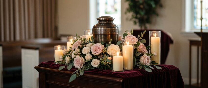 Bronze cremation urn surrounded by elegant pink roses, green foliage, and glowing pillar candles on a velvet cloth in a solemn setting.