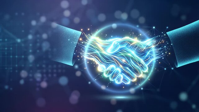 Symbolic image of a digital handshake representing online communities commitment to social responsibility and collaboration. concept as Abstract digital handshake symbolizing online communitys dedicat