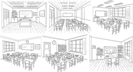 Fototapeta premium School classroom interior set with desks chairs chalkboard and windows hand drawn line art vector illustration for educational background