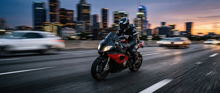 Sport motorcycle rider speeding on a highway with city lights at dusk, showcasing dynamic urban travel and motion.