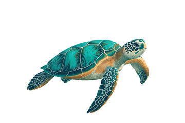 Fototapeta premium Sea turtle swimming with green and turquoise shell, endangered marine life illustration on transparent background