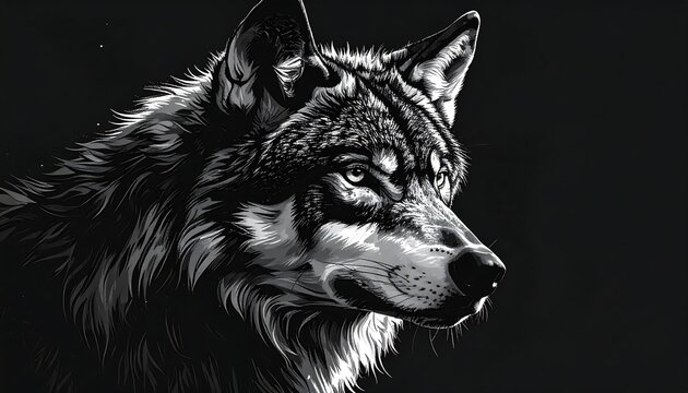 A grayscale illustration of a wolf's head