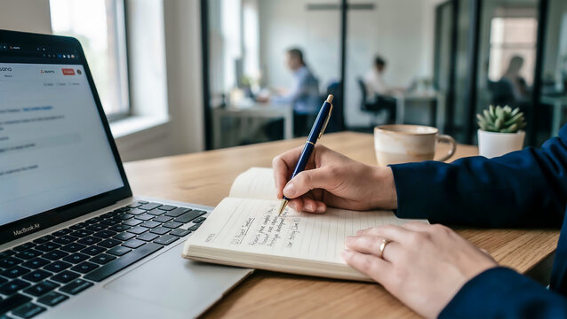 a laptop, likely a Apple MacBook Pro, on a wooden desk next to a notebook.