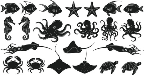 Large collection of sea animal silhouettes including octopus fish crab turtle and stingray for marine life vector designs © Bappi