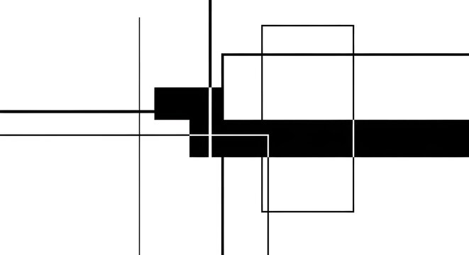 Minimalist black and white design of thin orthogonal lines intersecting a solid dark bar and transparent rectangles, suggesting an abstract architectural fa&ccedil;ade built from rhythm, alignment and delica