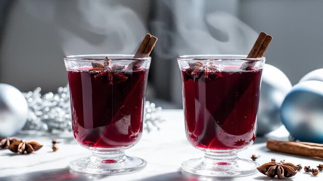 Two Glasses of Hot Mulled Wine With Cinnamon Sticks and Star Anise, Steaming in Cozy Winter Setting