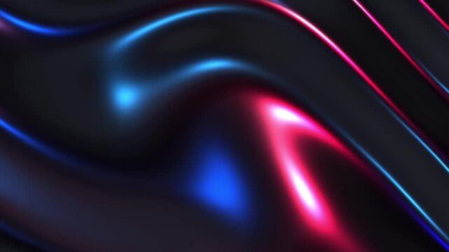 Dark purple blue abstract graphics background animation, bright moving neon colors waves on black.