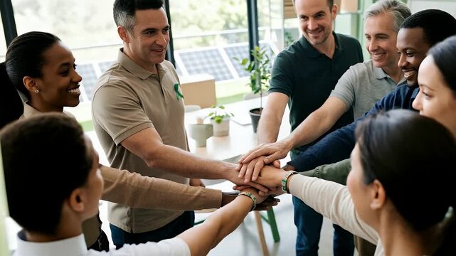 World environment day. Global community teamwork CSR and ESG environmental energy saving collaboration of hands stack together for sustainable development goals. People join for cooperation success. c
