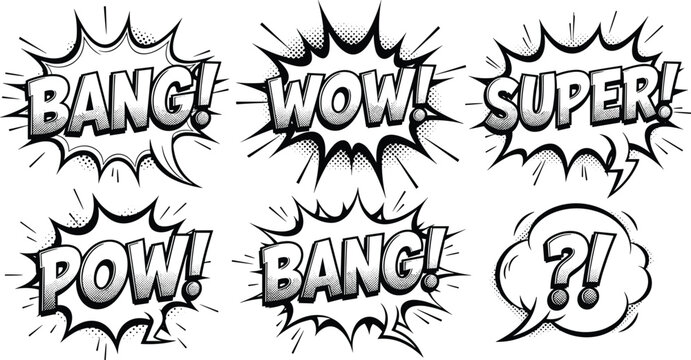 Vintage comic book speech bubbles set with halftone dots featuring bang wow super and pow sound effects for pop art and manga design