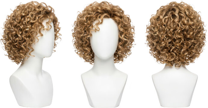 A short voluminous curly blonde wig displayed on three white mannequin busts showing front side and back views of the hairstyle curly hair blonde hair short hair beauty fashion