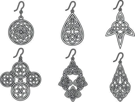 Set of Celtic knot earring vector designs featuring intricate filigree patterns and traditional Irish jewelry motifs for laser cutting