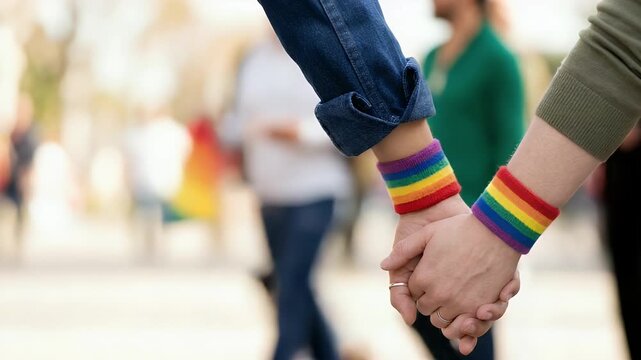 Closeup lesbian couple holding hands with a rainbow patterned wristband on their wrists. Concept of LGBT activism community and freedom. concept as A close up shot of a lesbian couple holding hands we