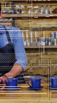 Vertical video: Barista reaching lining blue cups wood bar grid aiding camera pulling back serving
