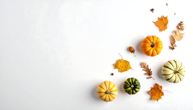 Autumn harvest of pumpkins and fall leaves, a decorative arrangement for Thanksgiving and Halloween celebrations on a white background