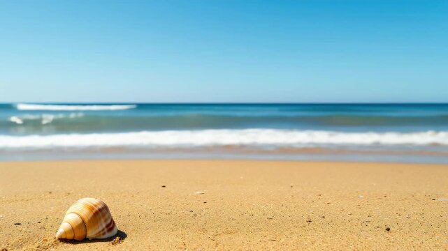 A tranquil beach scene with a single seashell near the water's edge.