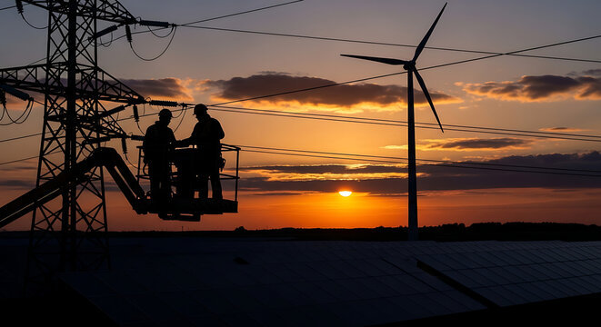 Engineers working on power lines at sunset with wind turbine and solar panels in background