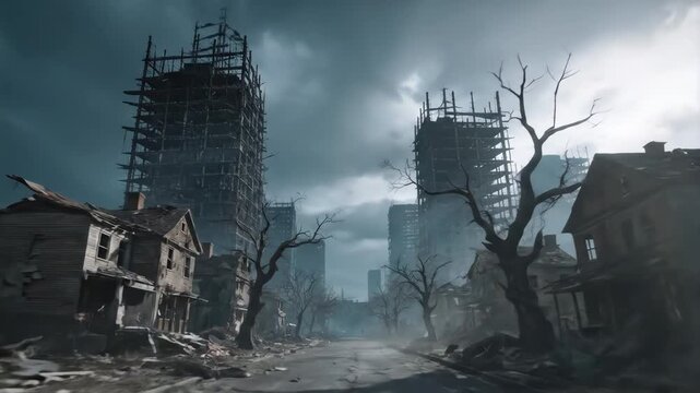 Abandoned city street with destroyed buildings and bare trees under a gloomy sky, suitable for post-apocalyptic concept, urban ruin, environmental disaster, game backdrop.