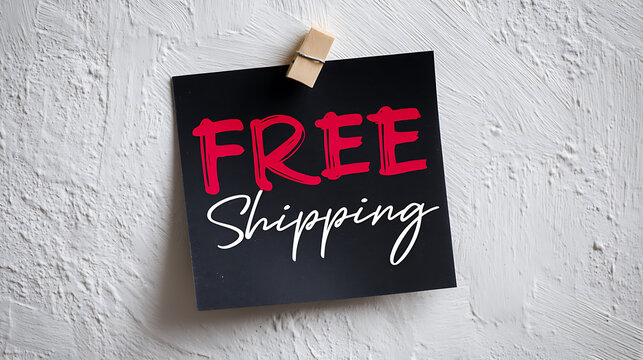 Black note with bold red and white 'FREE Shipping' text attached to a textured white wall with a wooden clothespin, promotion concept