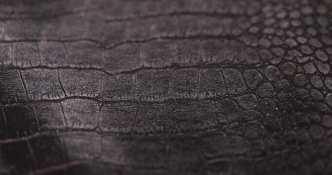 black fabric in the style of crocodile skin with specks and spots, a close-up of a piece of clothing made in the style of leather items made of artificial leather
