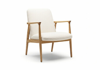 Fototapeta premium Modernist armchair with white boucle upholstery and minimalist ash wood frame offering comfort and style for contemporary interiors