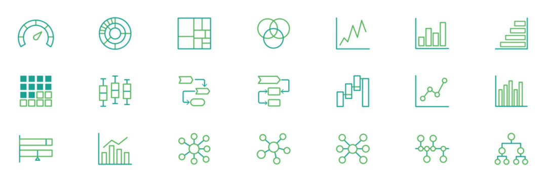 Advanced Data Visualization and Complex Chart Icon Set with Flowchart Network Diagram and Venn Symbols Modern Two Tone Vector for Cyber Tech Dashboard UI UX Analytics. editable stroke eps 10 vector