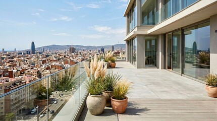 Naklejka premium Rooftop terrace of a modern building with potted plants and a panoramic urban cityscape under a clear blue sky.