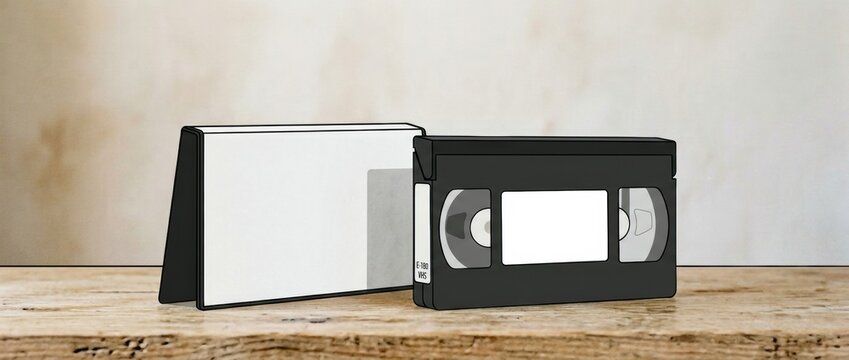 VHS cassette tape and its white sleeve standing upright on a rustic wooden table with a light textured wall in the background, representing retro media.