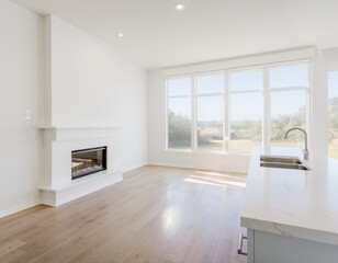 Naklejka premium Modern empty room with a sleek white fireplace, large bright windows overlooking a natural landscape, and a contemporary kitchen island with a sink.