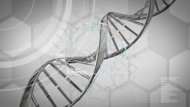 Animation of dna, globe and data processing on grey background