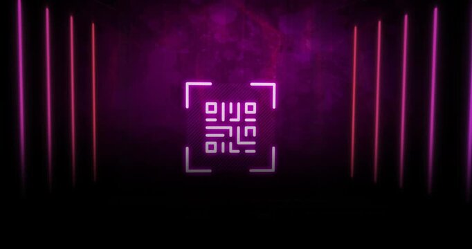 Animation of qr code over neon shapes on purple background