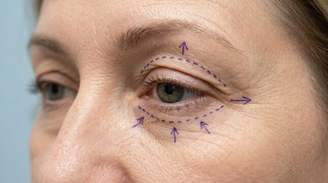Woman's eye with purple surgical markings indicating cosmetic procedure preparation for eyelid lift or wrinkle removal.