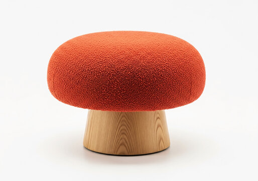 Organic shaped accent stool featuring a vibrant orange boucle upholstery and a natural wooden base, creating a contemporary furniture piece