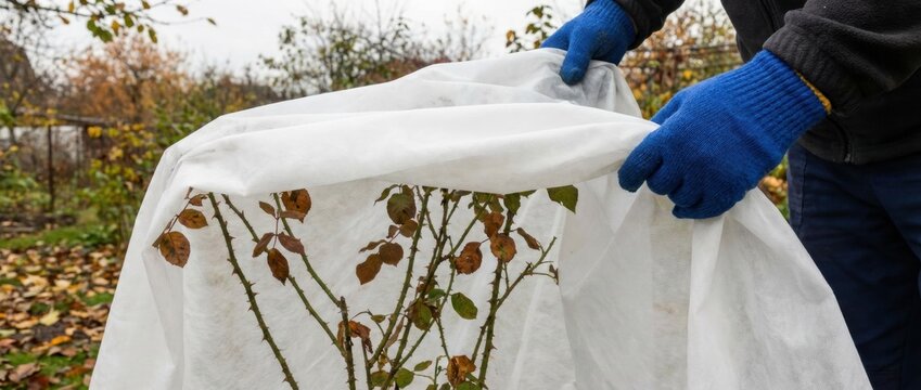 Gardener's hands in blue gloves covering a rose bush with white non-woven fabric for winter protection in an autumn garden.