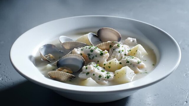 Delicious Seafood Chowder With Clams and Fish in a White Bowl, Close Up