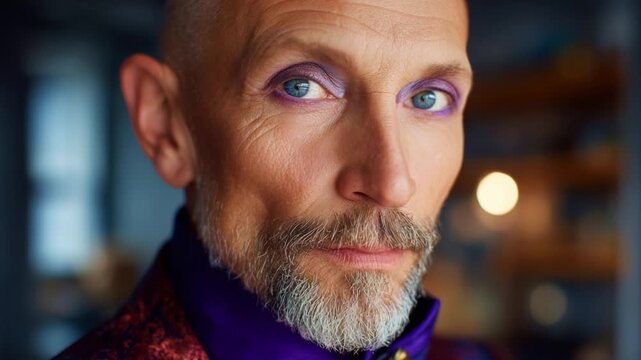 A striking portrait of a confident individual showcasing vivid eye makeup and a charismatic expression, captured in a vibrant, elegant setting with warm lighting.