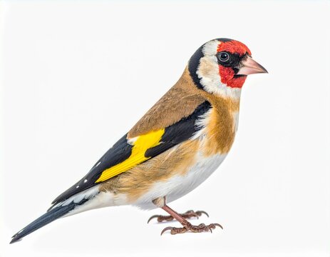 European goldfinch bird standing on white background