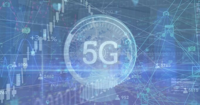 Animation of financial data processing and scope scanning with 5g over globe